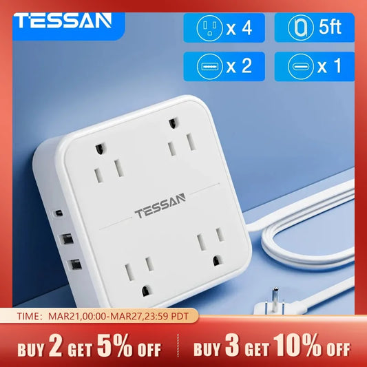 TESSAN Flat Plug Power Strip with 4 AC Outlets +2 USB Ports +1 Type C 7 In 1 Electric Socket with 5ft Ultra Thin Extension Cord